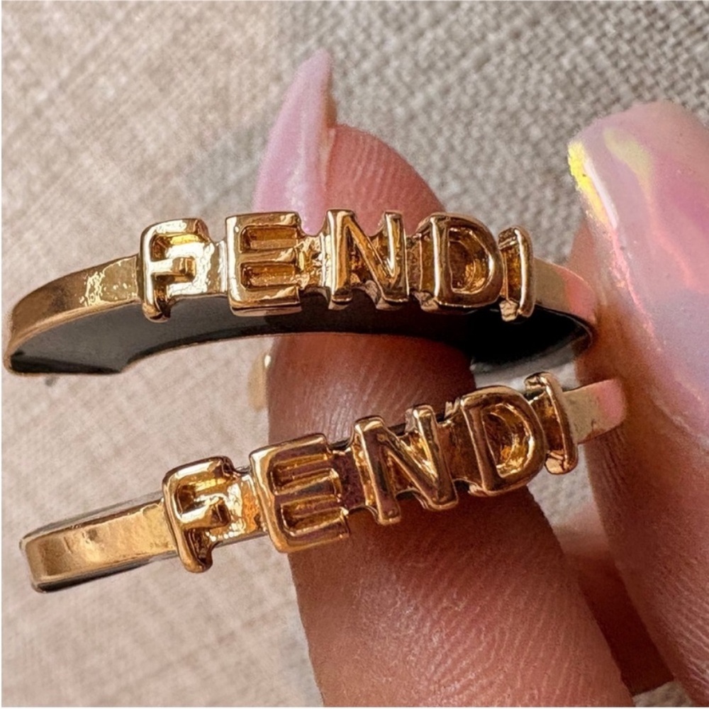 Fendi Black Enamel Hoop Earrings with Gold Logo Trim - Picture 2 of 7